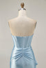 Load image into Gallery viewer, Sparkly Blue Tight Satin Short Corset Homecoming Dress with Sash