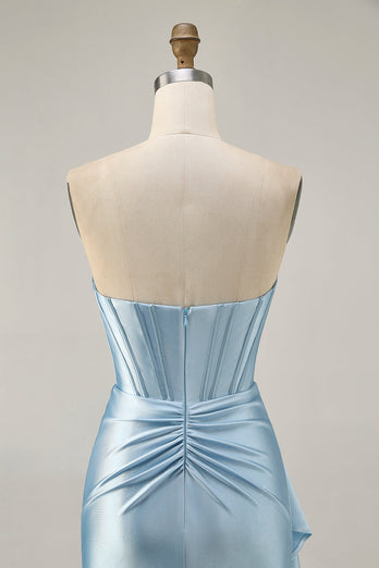 Sparkly Blue Tight Satin Short Corset Homecoming Dress with Sash