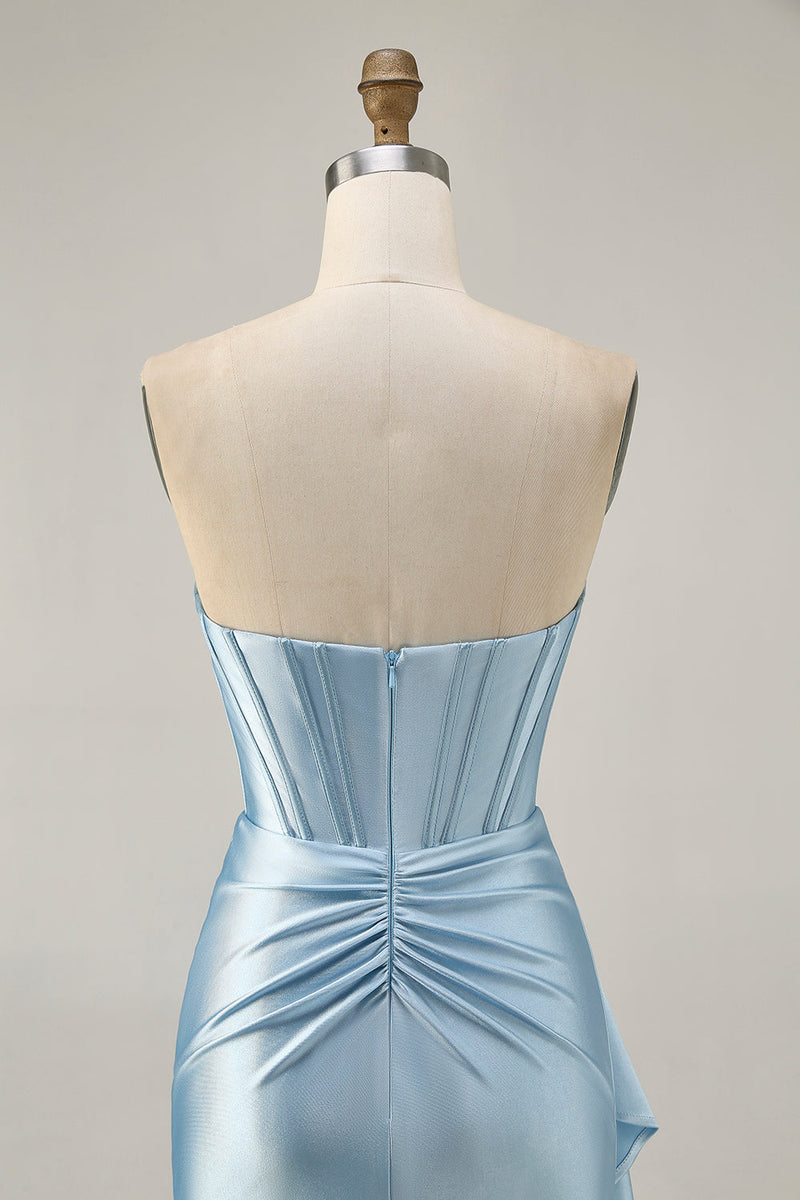 Load image into Gallery viewer, Sparkly Blue Tight Satin Short Corset Homecoming Dress with Sash