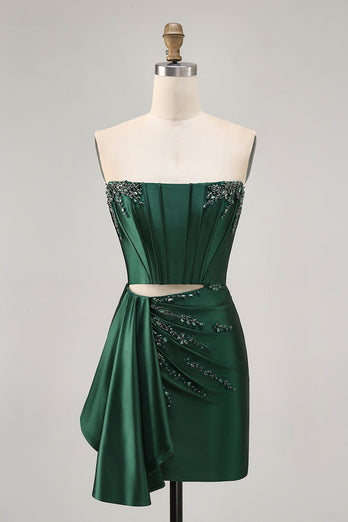 Sparkly Dark Green Corset Short Tight Homecoming Dress with Sash