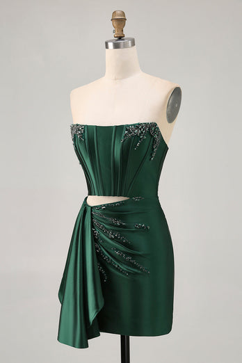 Sparkly Dark Green Corset Short Tight Homecoming Dress with Sash