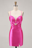 Load image into Gallery viewer, Fuchsia Satin Tight Keyhole Short Homecoming Dress with Bow