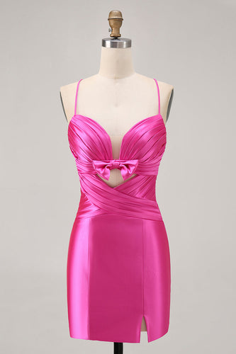Fuchsia Satin Tight Keyhole Short Homecoming Dress with Bow