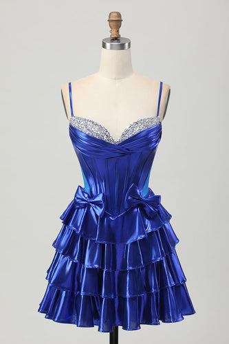 Sparkly Royal Blue Ruffled Corset Metallic Short Homecoming Dress with Bows