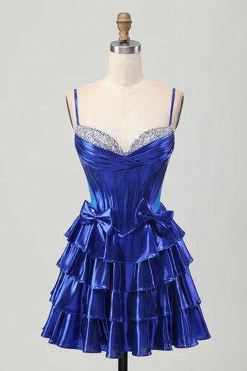 Sparkly Royal Blue Ruffled Corset Metallic Short Homecoming Dress with Bows