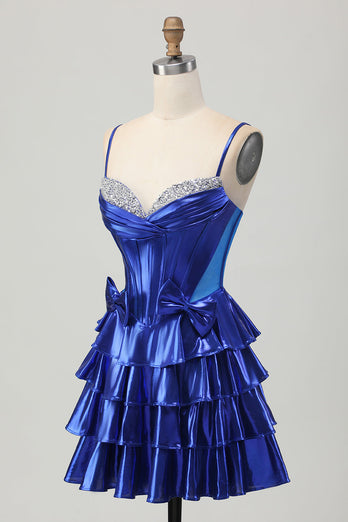 Sparkly Royal Blue Ruffled Corset Metallic Short Homecoming Dress with Bows
