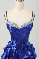 Load image into Gallery viewer, Sparkly Royal Blue Ruffled Corset Metallic Short Homecoming Dress with Bows
