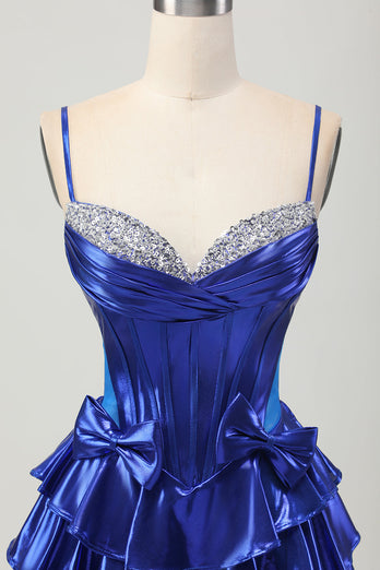 Sparkly Royal Blue Ruffled Corset Metallic Short Homecoming Dress with Bows