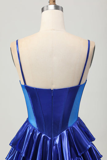 Sparkly Royal Blue Ruffled Corset Metallic Short Homecoming Dress with Bows