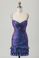 Load image into Gallery viewer, Sparkly Blue and Purple Metallic Floral Tight Short Homecoming Dress with Ruffles