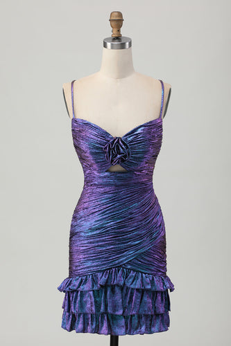 Sparkly Blue and Purple Metallic Floral Tight Short Homecoming Dress with Ruffles