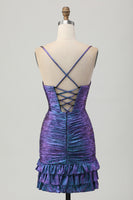 Load image into Gallery viewer, Sparkly Blue and Purple Metallic Floral Tight Short Homecoming Dress with Ruffles