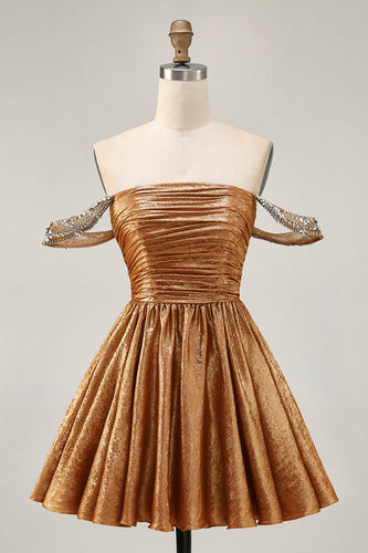 Sparkly Golden Metallic Ruched A Line Short Homecoming Dress