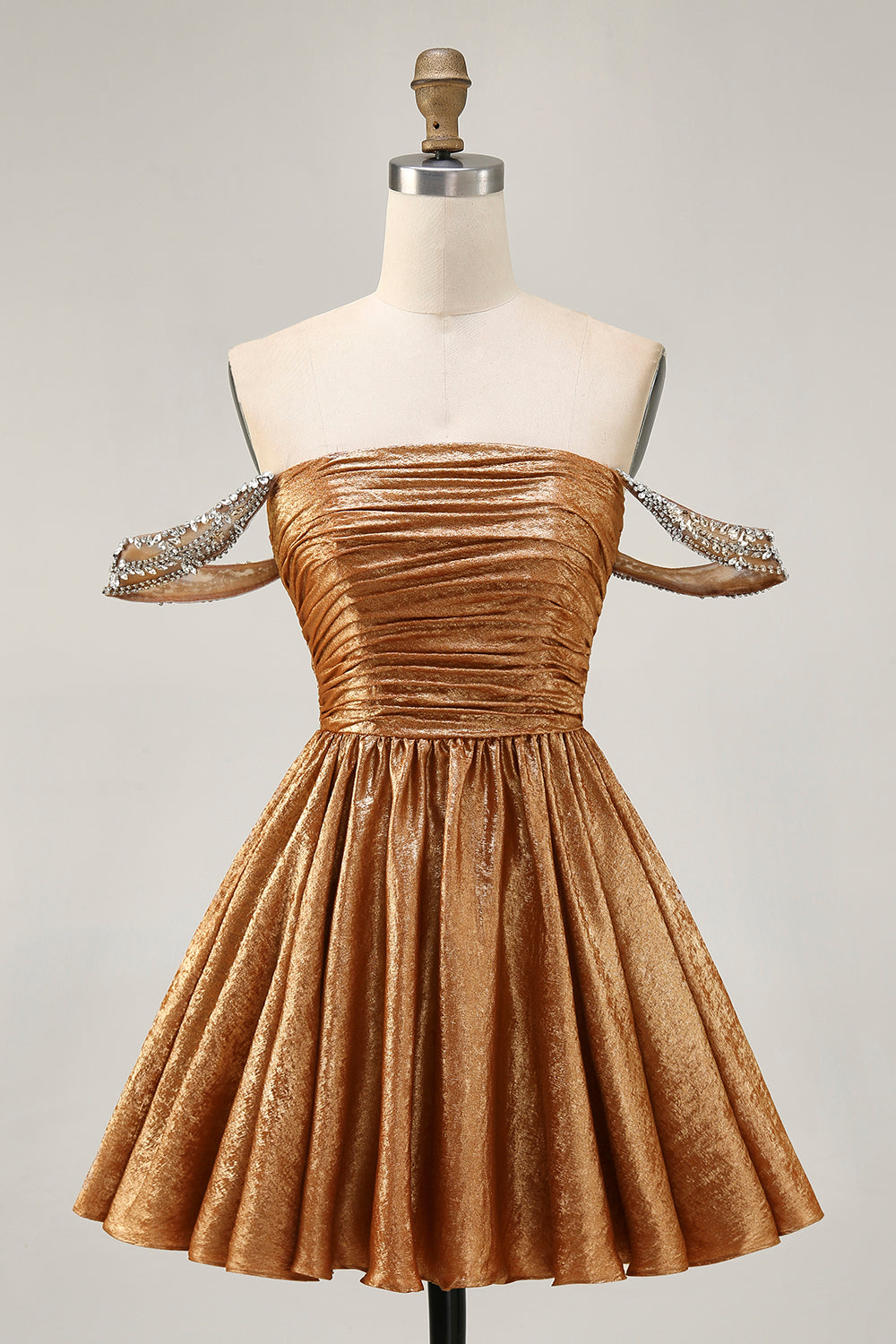 Sparkly Golden Metallic Ruched A Line Short Homecoming Dress