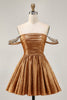 Load image into Gallery viewer, Sparkly Green Metallic A Line Off the Shoulder Short Homecoming Dress