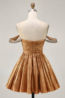 Sparkly Golden Metallic Ruched A Line Short Homecoming Dress