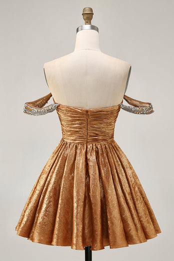 Sparkly Green Metallic A Line Off the Shoulder Short Homecoming Dress