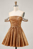 Load image into Gallery viewer, Sparkly Green Metallic A Line Off the Shoulder Short Homecoming Dress