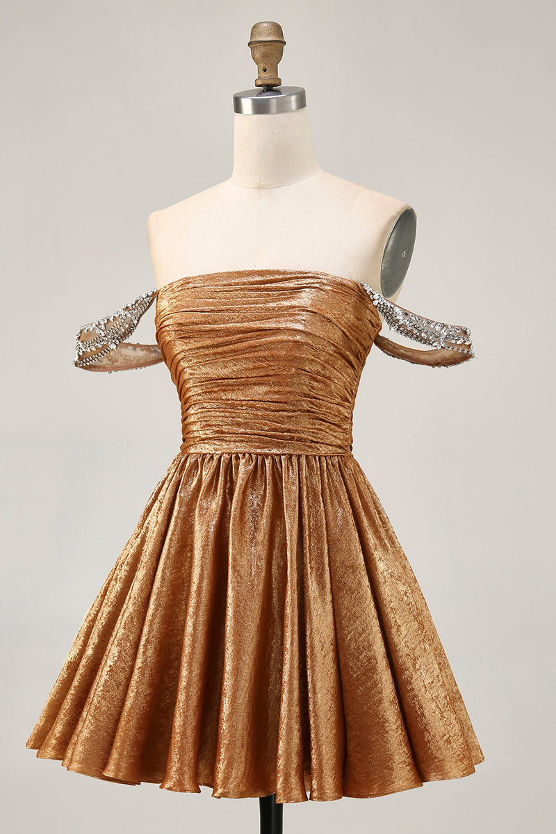 Load image into Gallery viewer, Sparkly Green Metallic A Line Off the Shoulder Short Homecoming Dress