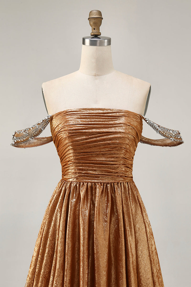 Load image into Gallery viewer, Sparkly Green Metallic A Line Off the Shoulder Short Homecoming Dress