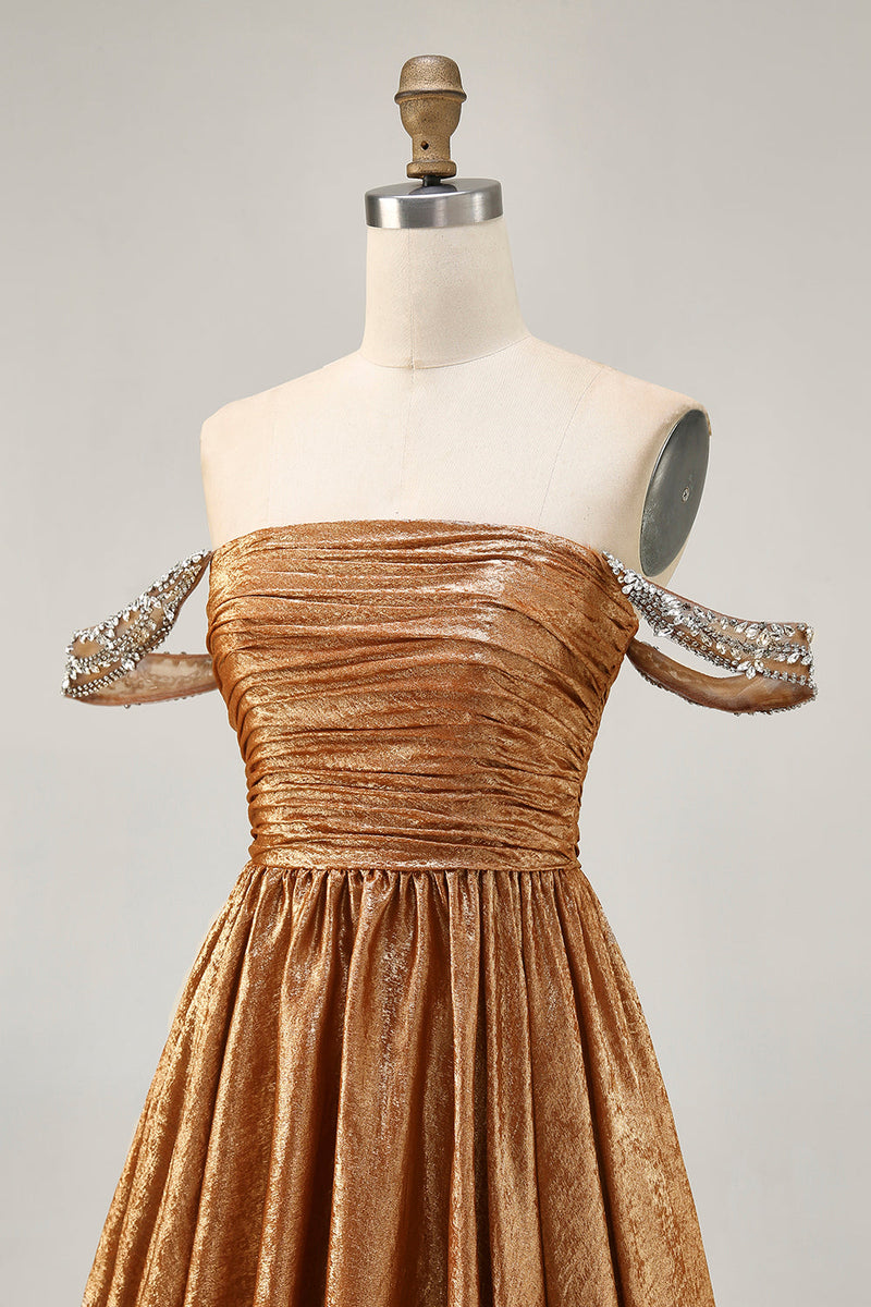 Load image into Gallery viewer, Sparkly Green Metallic A Line Off the Shoulder Short Homecoming Dress