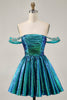 Load image into Gallery viewer, Sparkly Green Metallic A Line Off the Shoulder Short Homecoming Dress