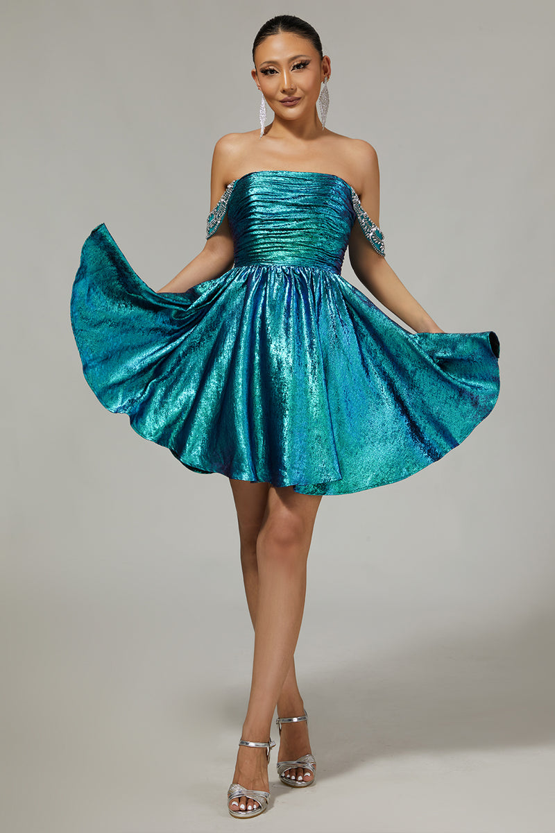 Load image into Gallery viewer, Sparkly Golden Metallic Ruched A Line Short Homecoming Dress