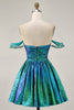 Load image into Gallery viewer, Sparkly Green Metallic A Line Off the Shoulder Short Homecoming Dress