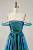 Load image into Gallery viewer, Sparkly Green Metallic A Line Off the Shoulder Short Homecoming Dress