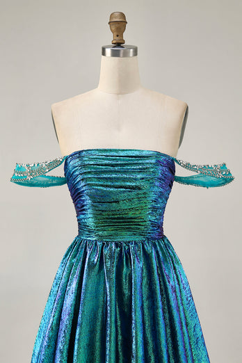 Sparkly Green Metallic A Line Off the Shoulder Short Homecoming Dress