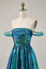 Load image into Gallery viewer, Sparkly Green Metallic A Line Off the Shoulder Short Homecoming Dress