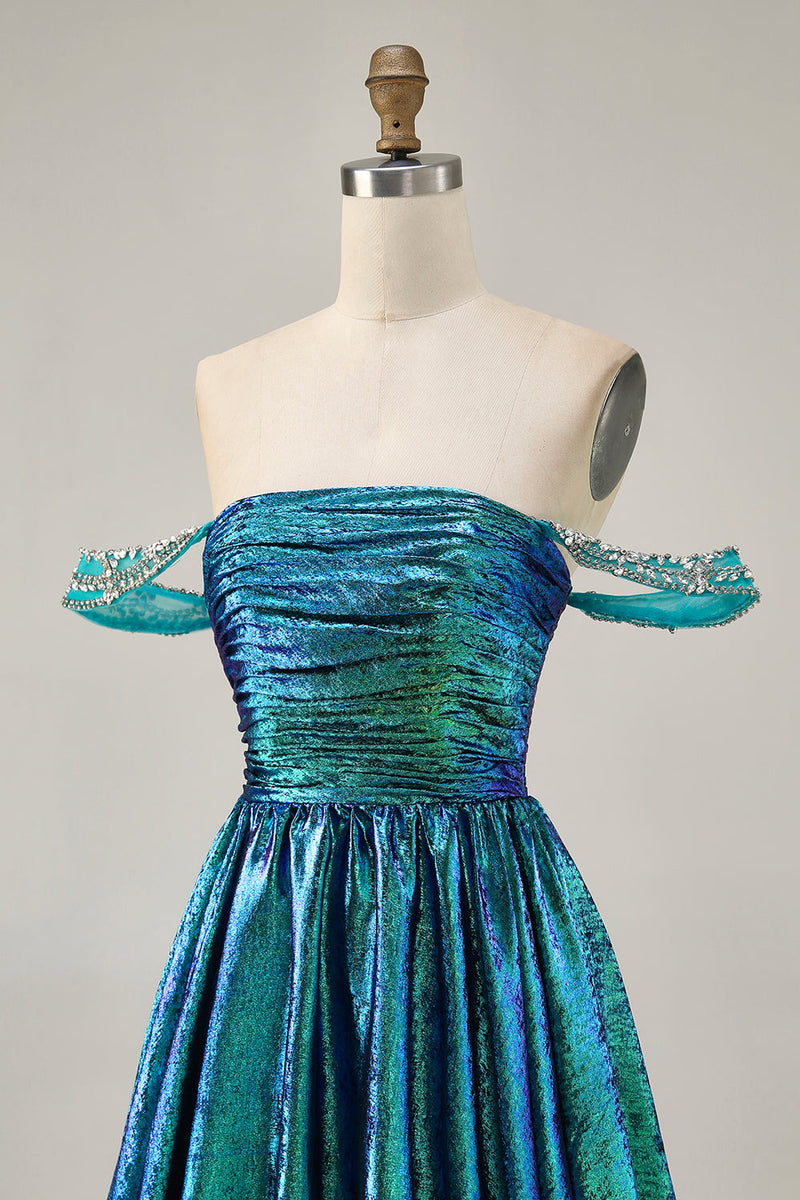 Load image into Gallery viewer, Sparkly Green Metallic A Line Off the Shoulder Short Homecoming Dress