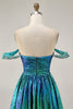 Load image into Gallery viewer, Sparkly Green Metallic A Line Off the Shoulder Short Homecoming Dress