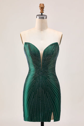 Sparkly Dark Green Tight Satin Beaded Short Homecoming Dress