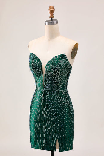 Sparkly Dark Green Tight Satin Beaded Short Homecoming Dress