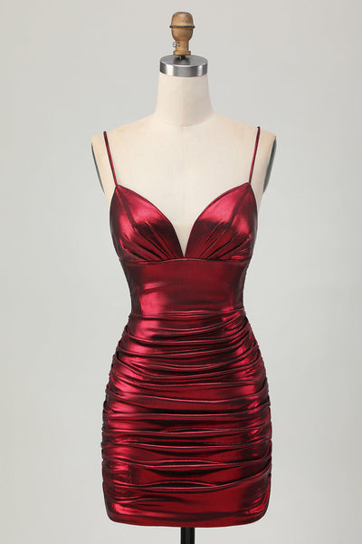 Burgundy Spaghetti Straps Ruched Tight Short Metallic Homecoming Dress