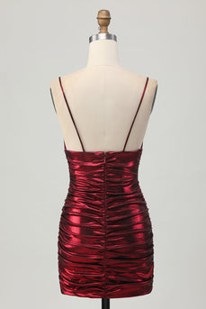 Burgundy Spaghetti Straps Ruched Tight Short Metallic Homecoming Dress