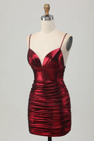 Load image into Gallery viewer, Burgundy Spaghetti Straps Ruched Tight Short Metallic Homecoming Dress