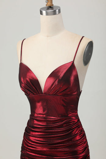 Burgundy Spaghetti Straps Ruched Tight Short Metallic Homecoming Dress