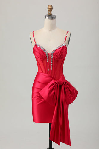 Sparkly Red Corset Beaded Tight Short Homecoming Dress with Bow