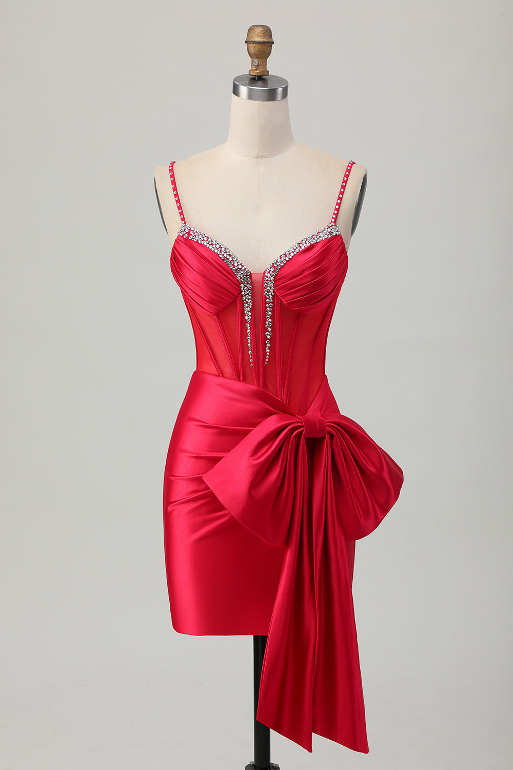 Sparkly Red Corset Beaded Tight Short Homecoming Dress with Bow