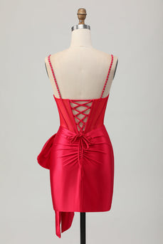 Sparkly Red Corset Beaded Tight Short Homecoming Dress with Bow