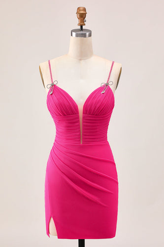 Sparkly Fuchsia Tight Spaghetti Straps Short Homecoming Dress with Beading