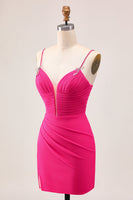 Load image into Gallery viewer, Sparkly Fuchsia Tight Spaghetti Straps Short Homecoming Dress with Beading