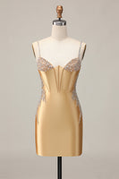 Load image into Gallery viewer, Sparkly Golden Satin Tight Short Corset Homecoming Dress with Beading