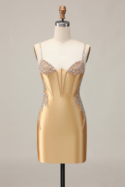 Sparkly Golden Satin Tight Short Corset Homecoming Dress with Beading
