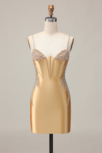 Sparkly Golden Satin Tight Short Corset Homecoming Dress with Beading