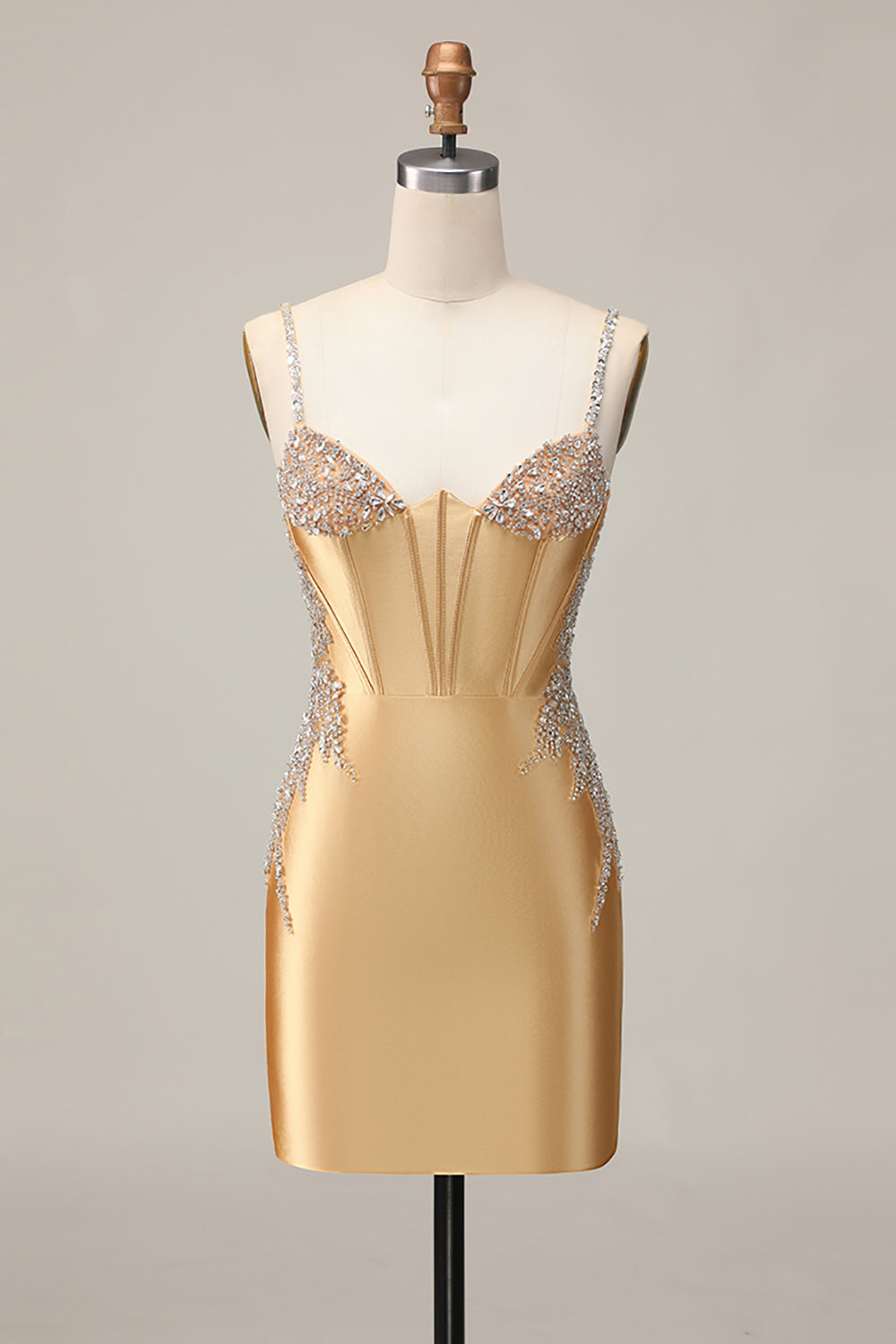Sparkly Golden Satin Tight Short Corset Homecoming Dress with Beading