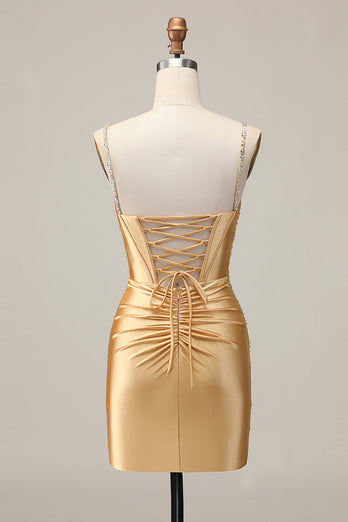Sparkly Golden Satin Tight Short Corset Homecoming Dress with Beading