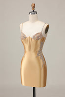 Load image into Gallery viewer, Sparkly Golden Satin Tight Short Corset Homecoming Dress with Beading